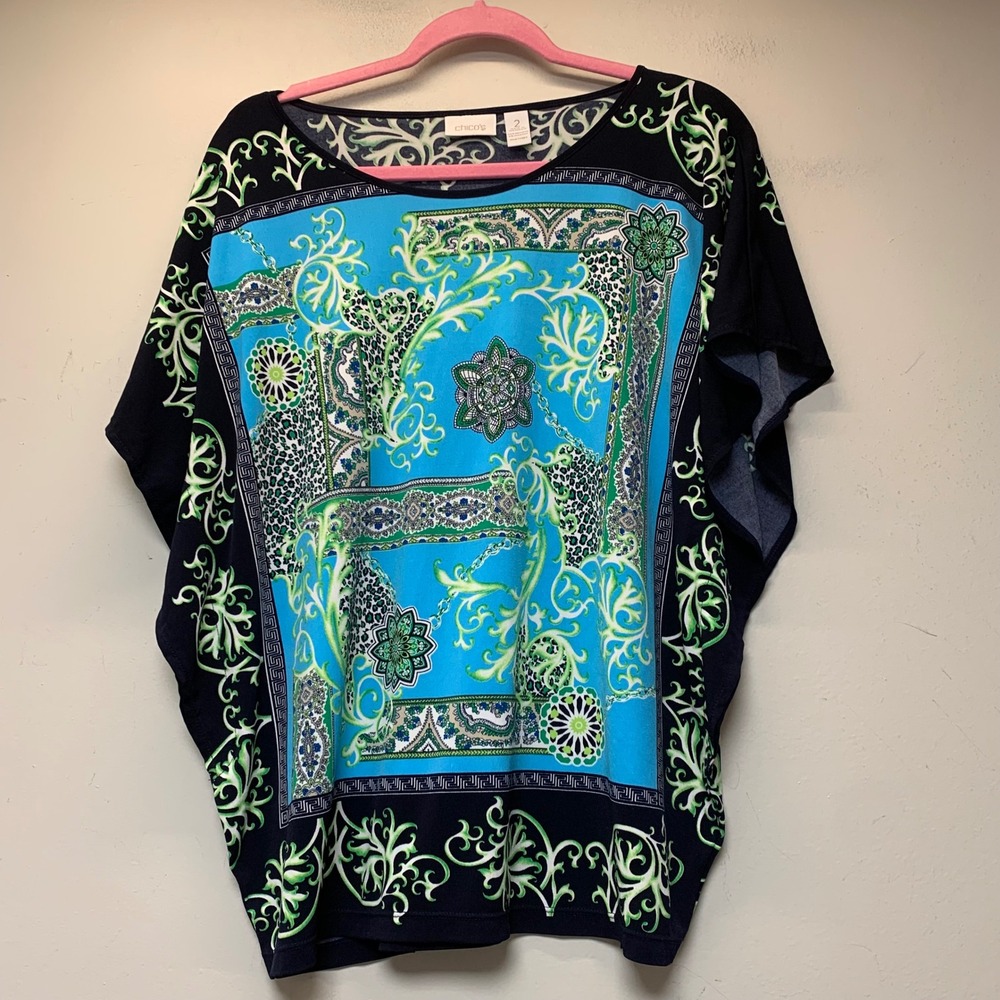 Chico's Scarf Print Top Womens 2 Blue Green Excellent Dolman Sleeve Paisley